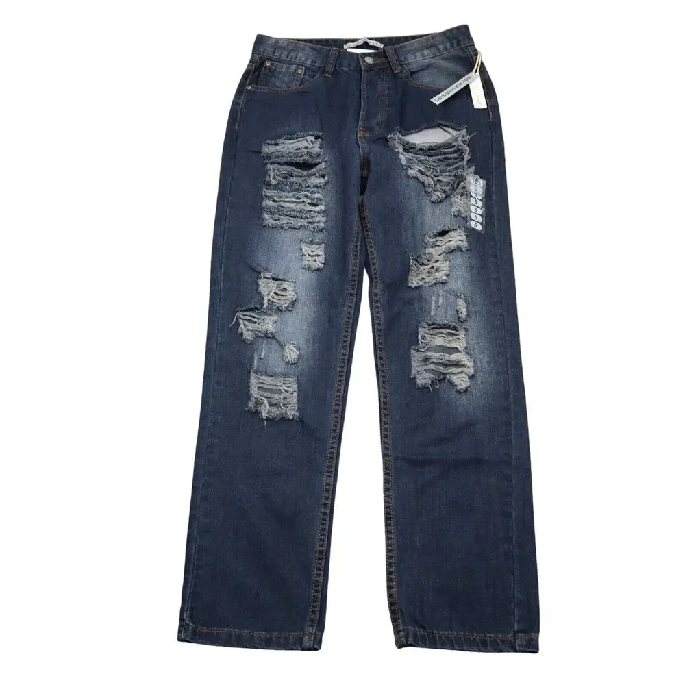 American Bazi Pants Womens 5 Blue Denim Straight Distressed High Rise Long Pants